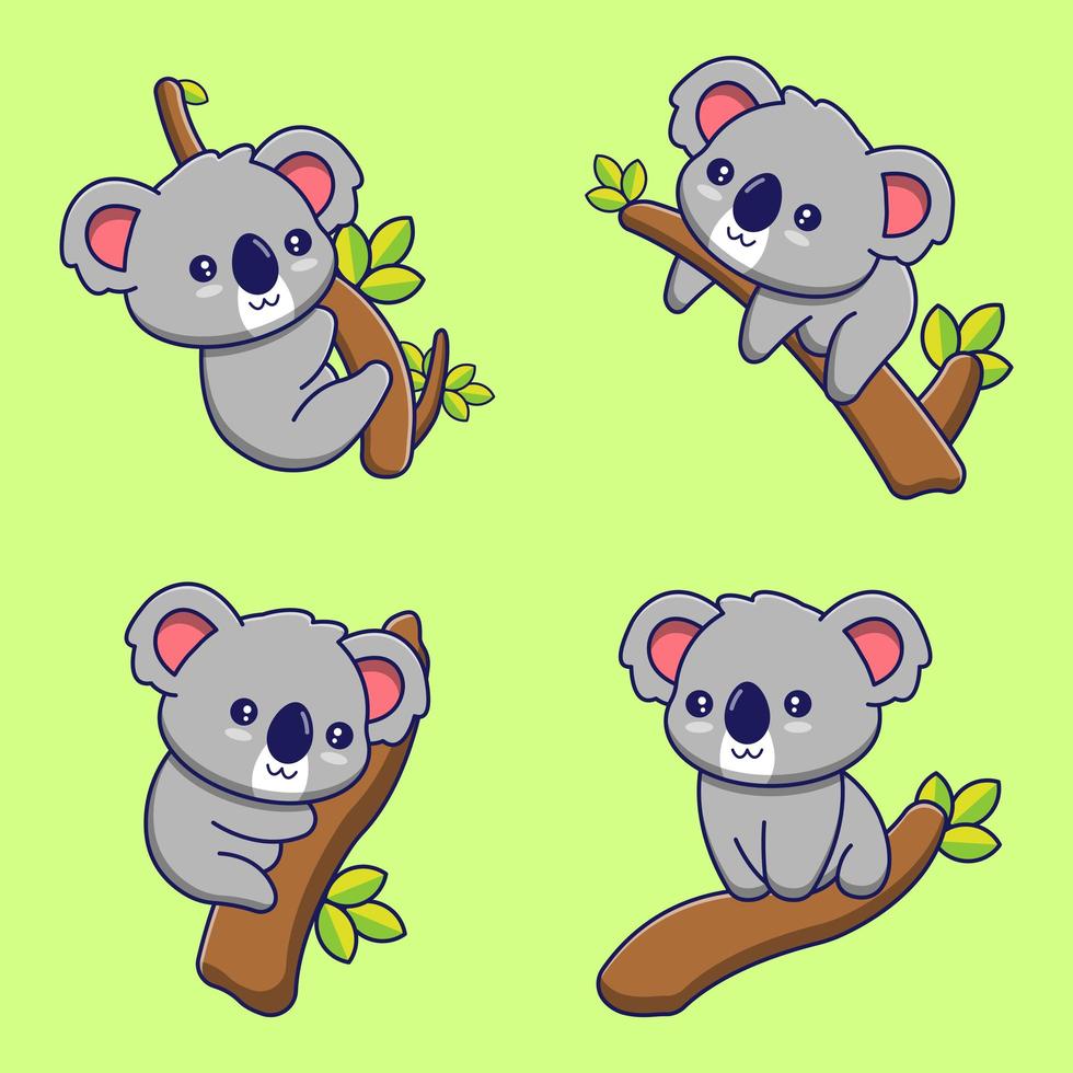 conjunto de osos koala de dibujos animados lindo en ramas vector