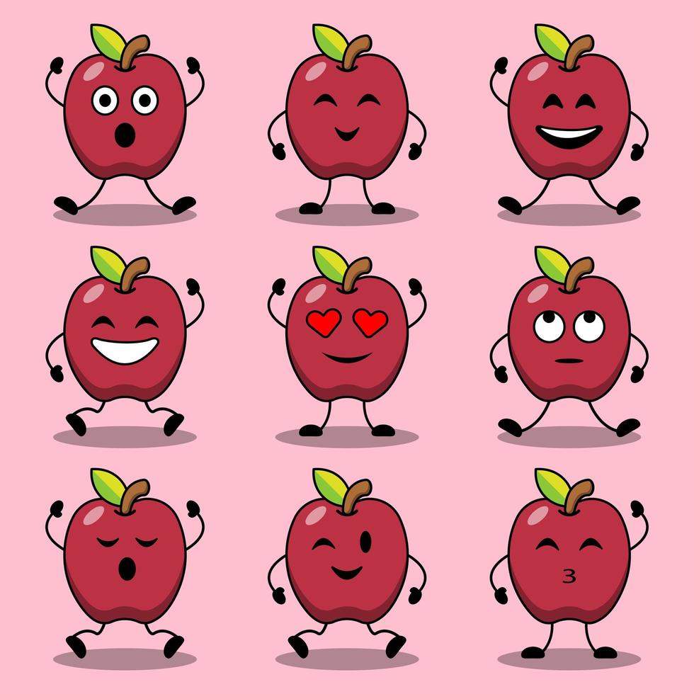 Set of cute cartoon poses of apple characters vector