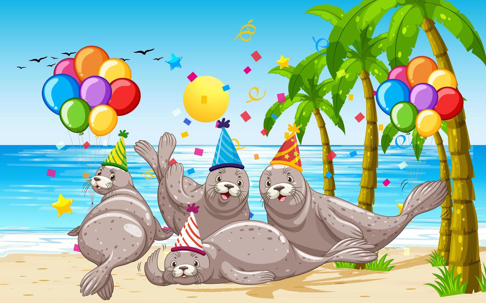 Seal group in party theme cartoon character vector