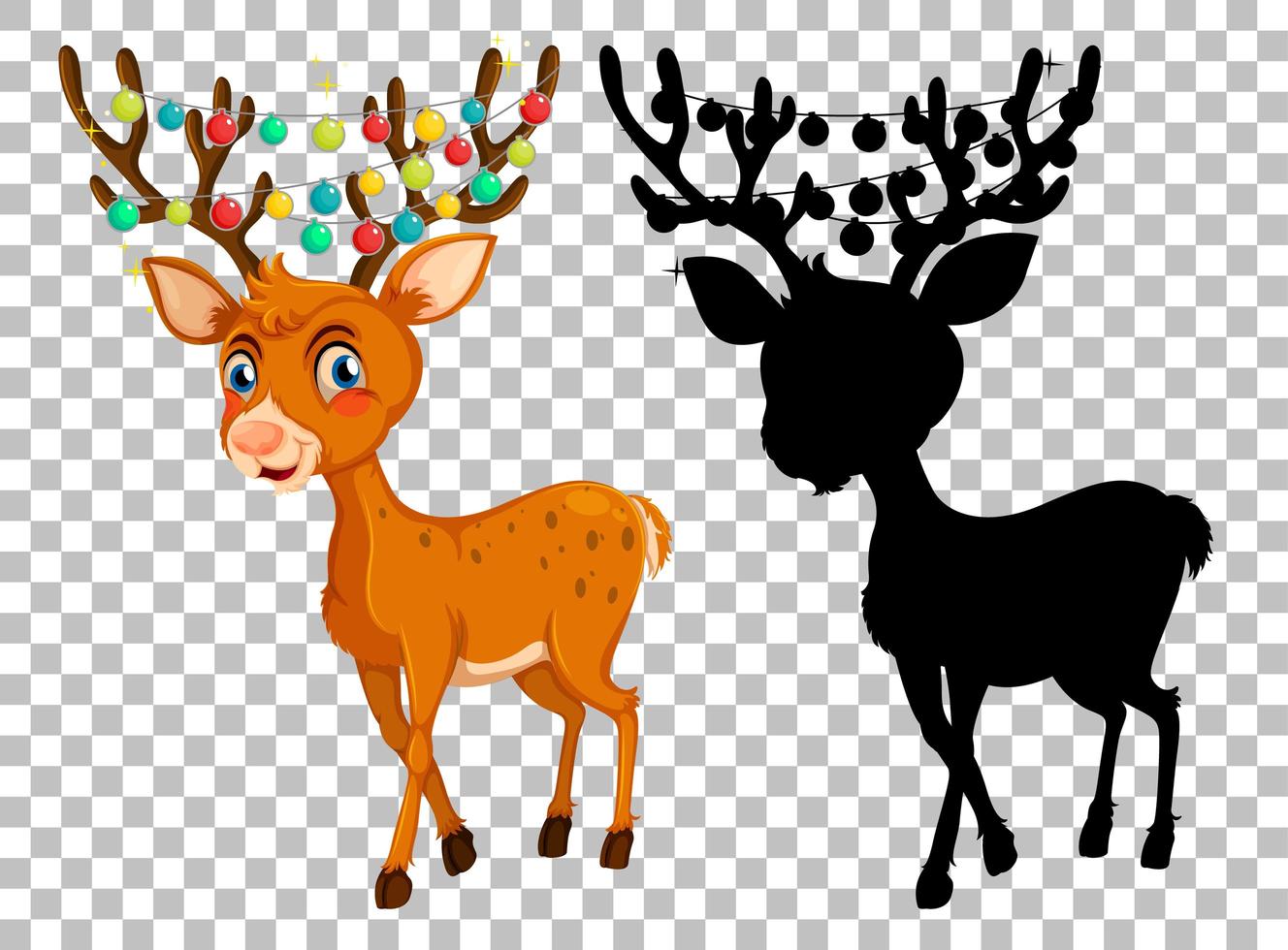 Set of Christmas deer cartoon and silhouette vector