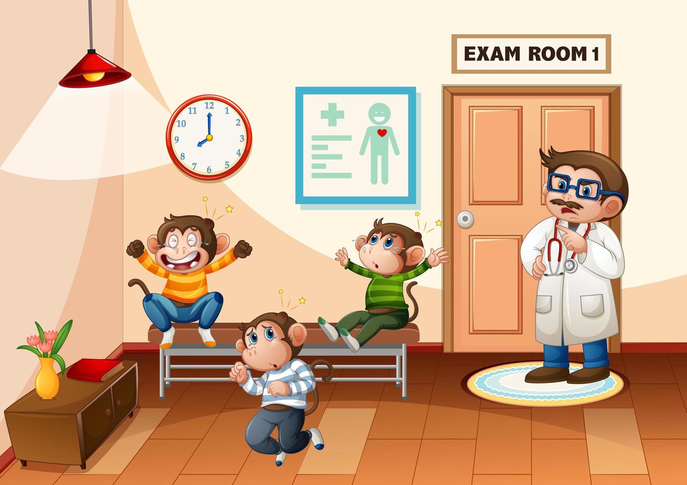 Three little monkeys jumping in the hospital vector