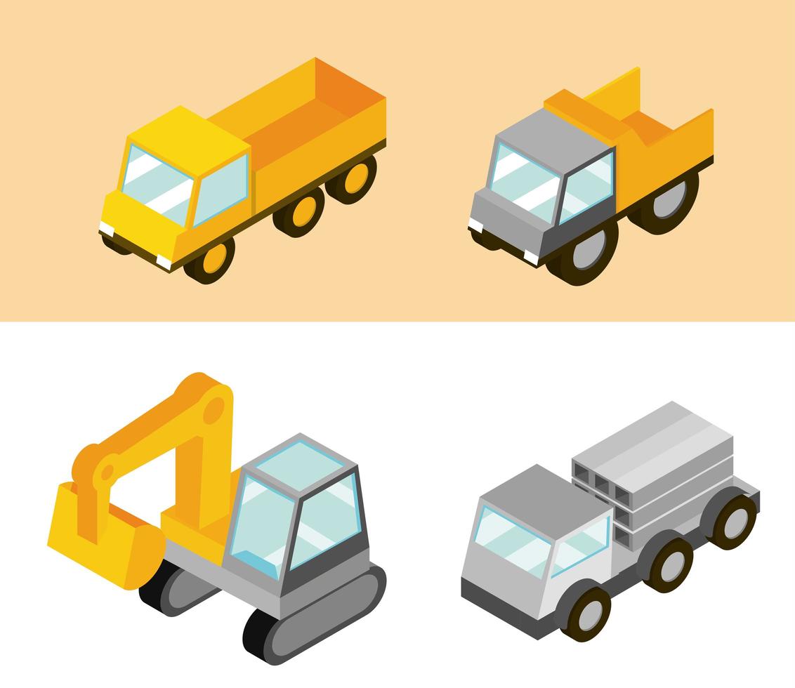 Isometric construction trucks and machines vector