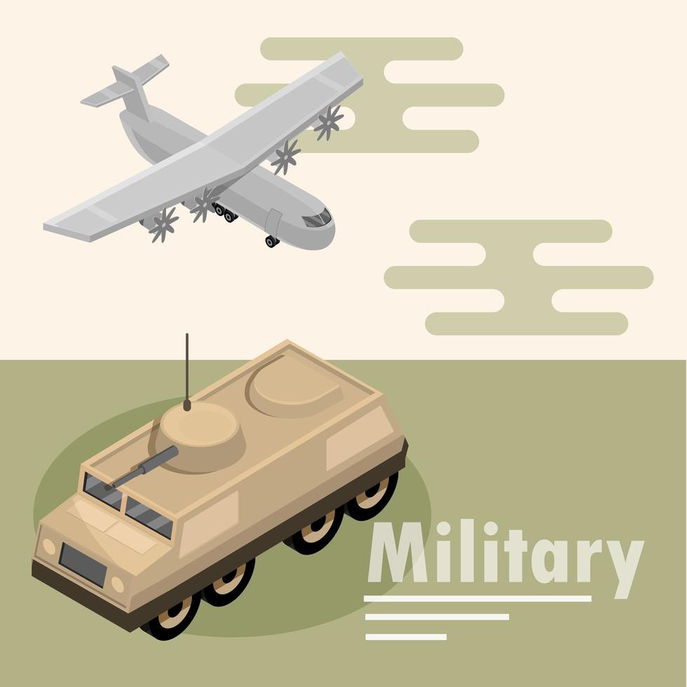 Composición isométrica de aviones y tanques militares. vector