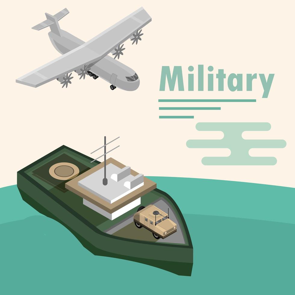 Isometric military aircraft and ship composition vector
