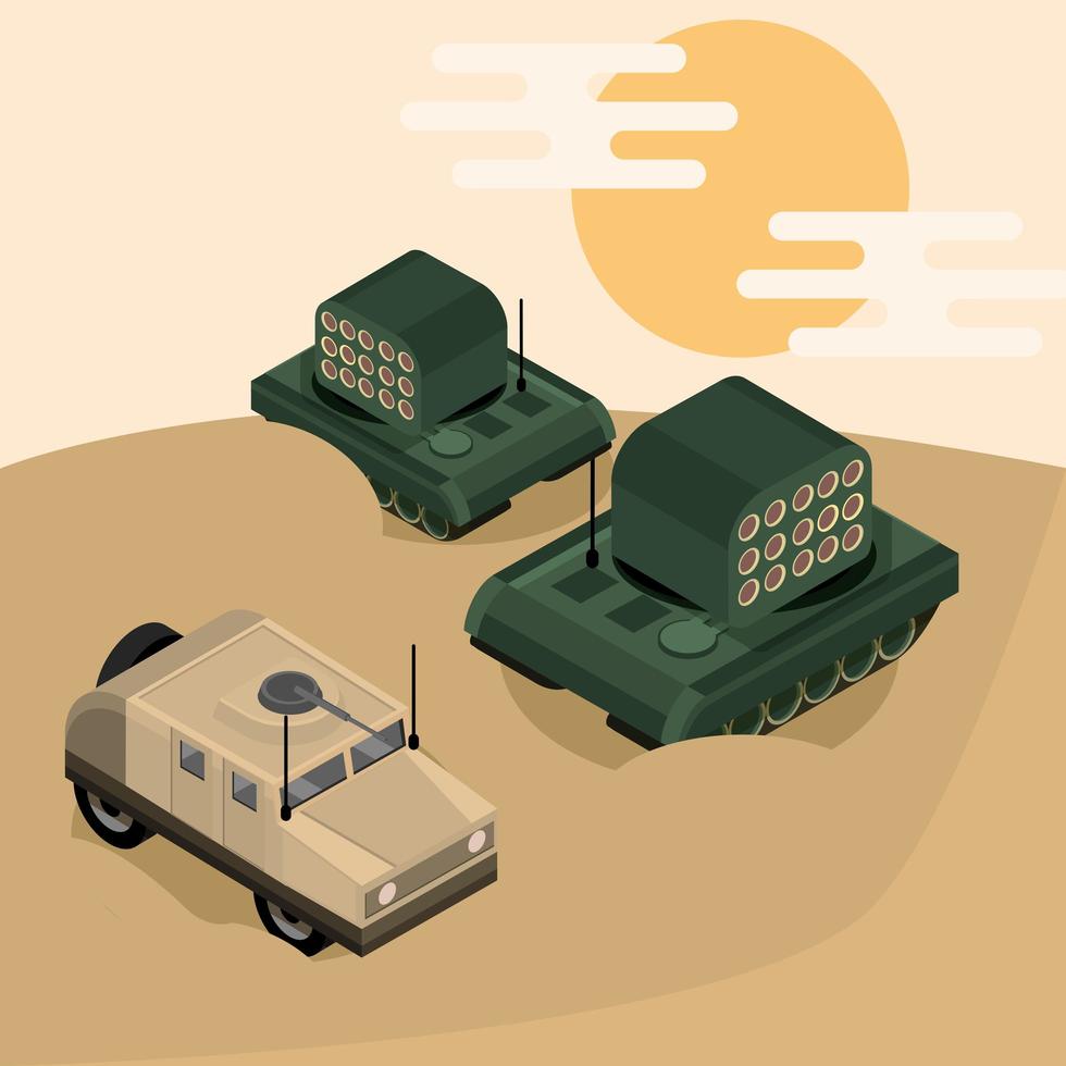 composición isométrica de vehículos militares y tanques. vector