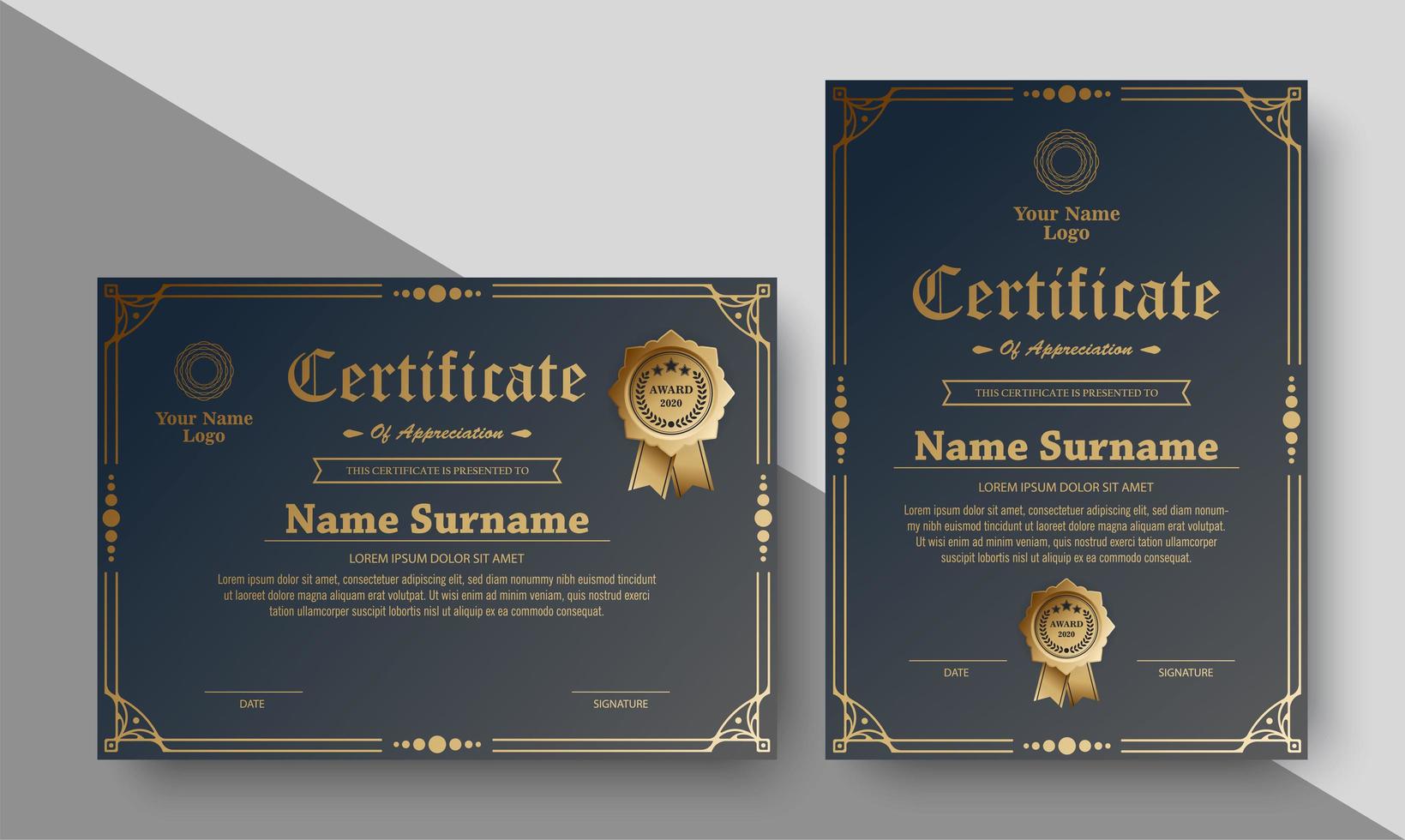 certificados con adorno de marco dorado vector