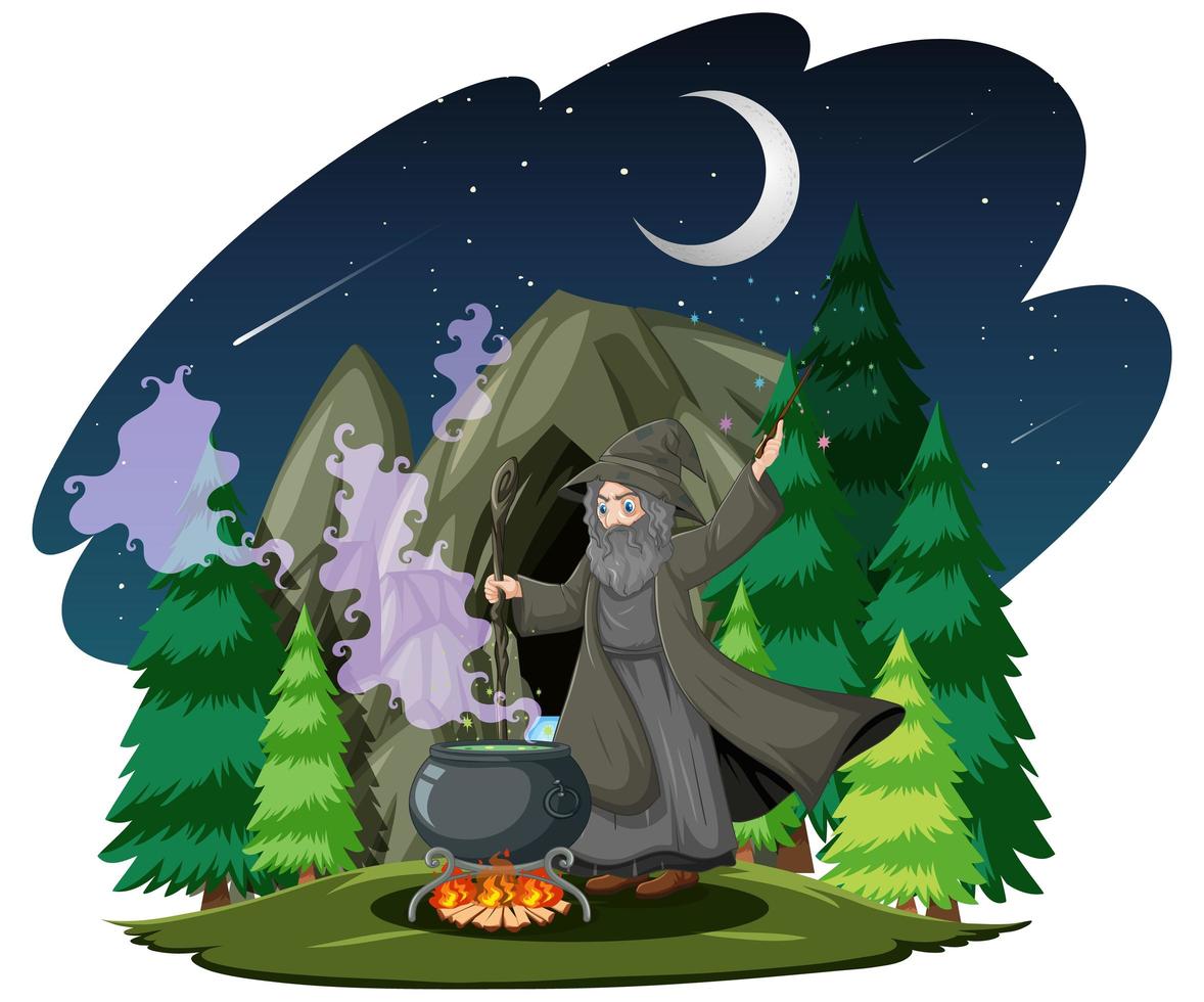 Wizard with black magic pot in cartoon style vector