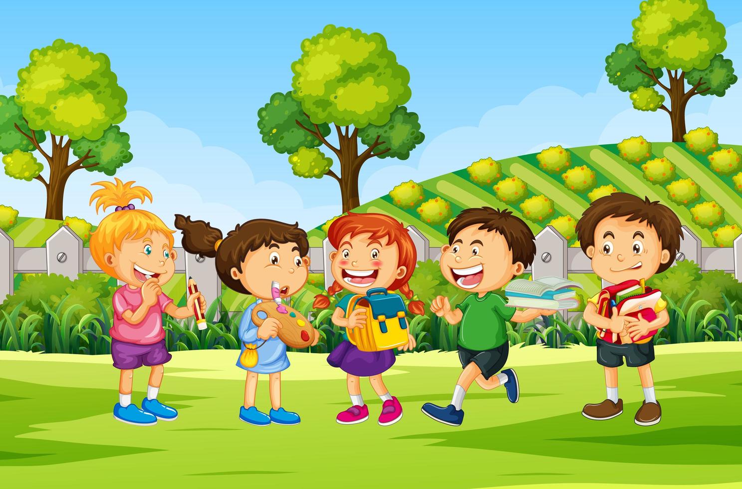 Children in outdoor nature scene vector