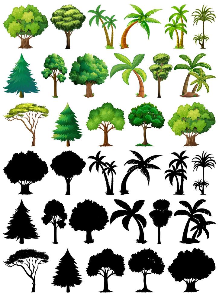 conjunto de plantas y árboles con siluetas vector