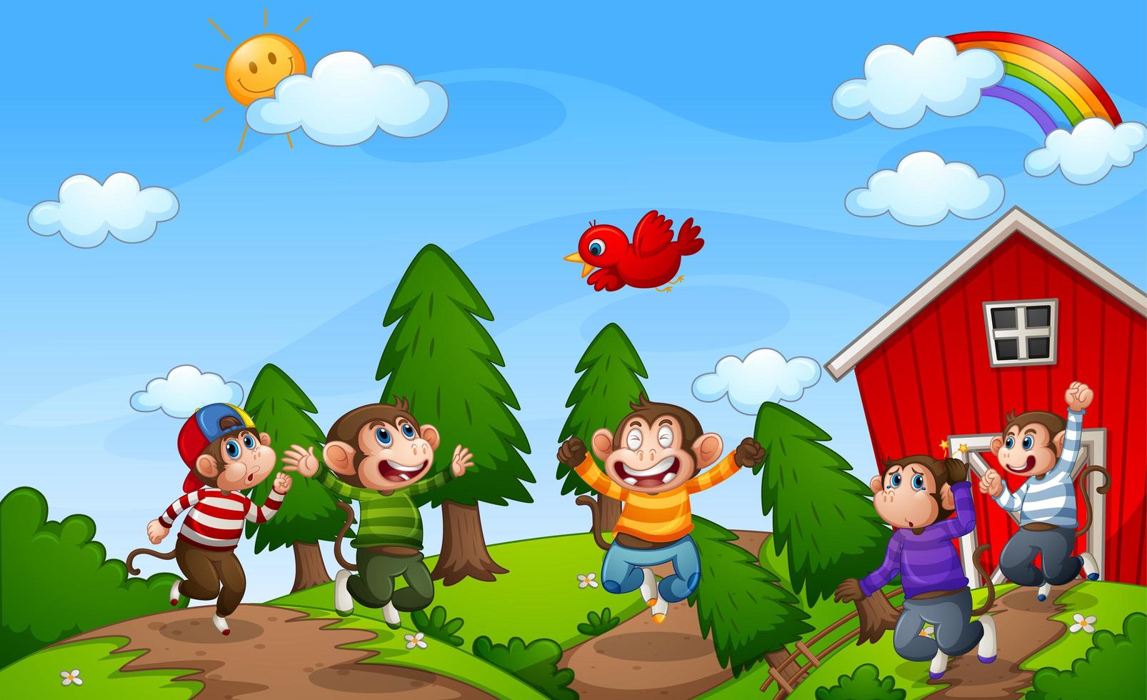 Five little monkeys jumping in the farm vector