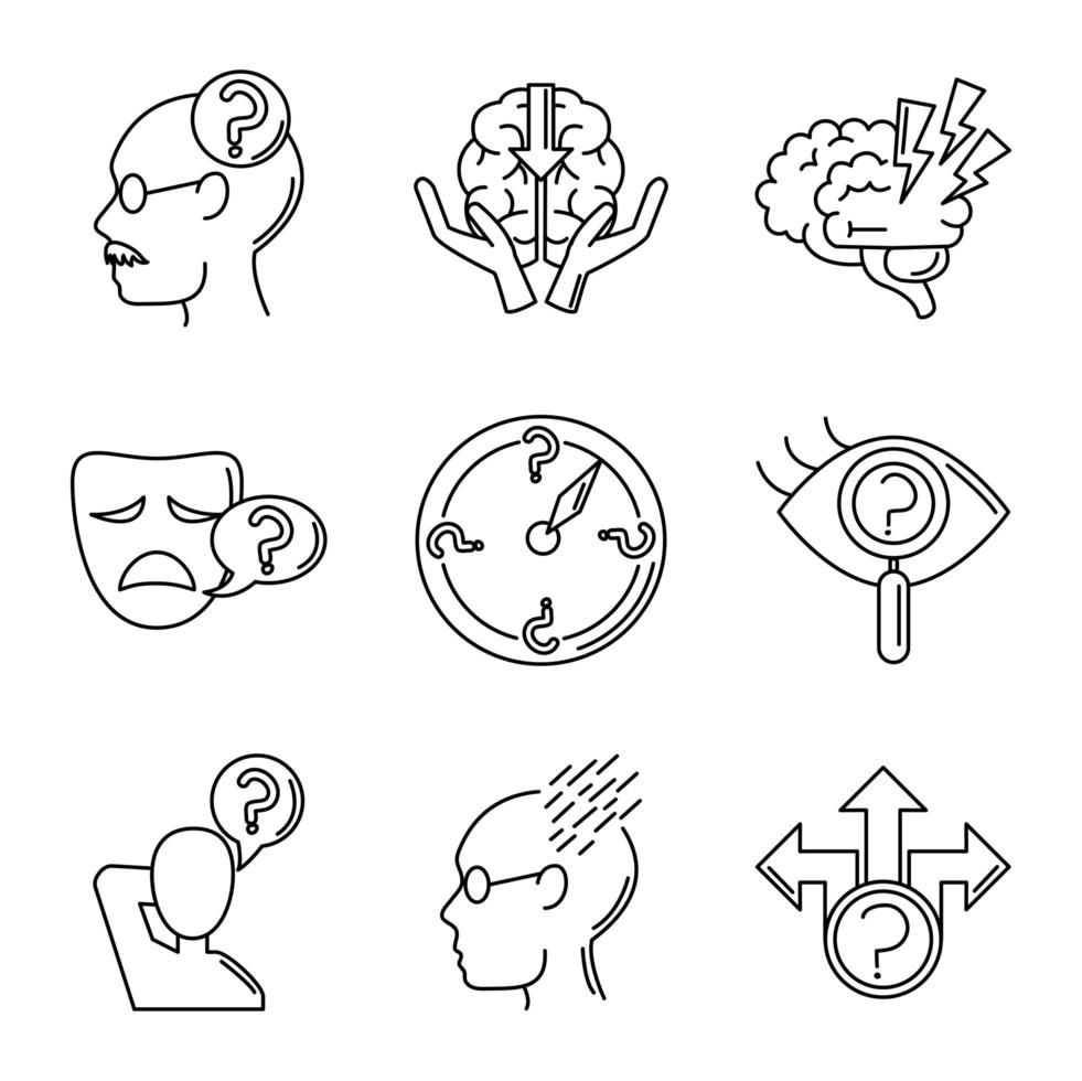 Alzheimer's disease and dementia symptoms icon set vector