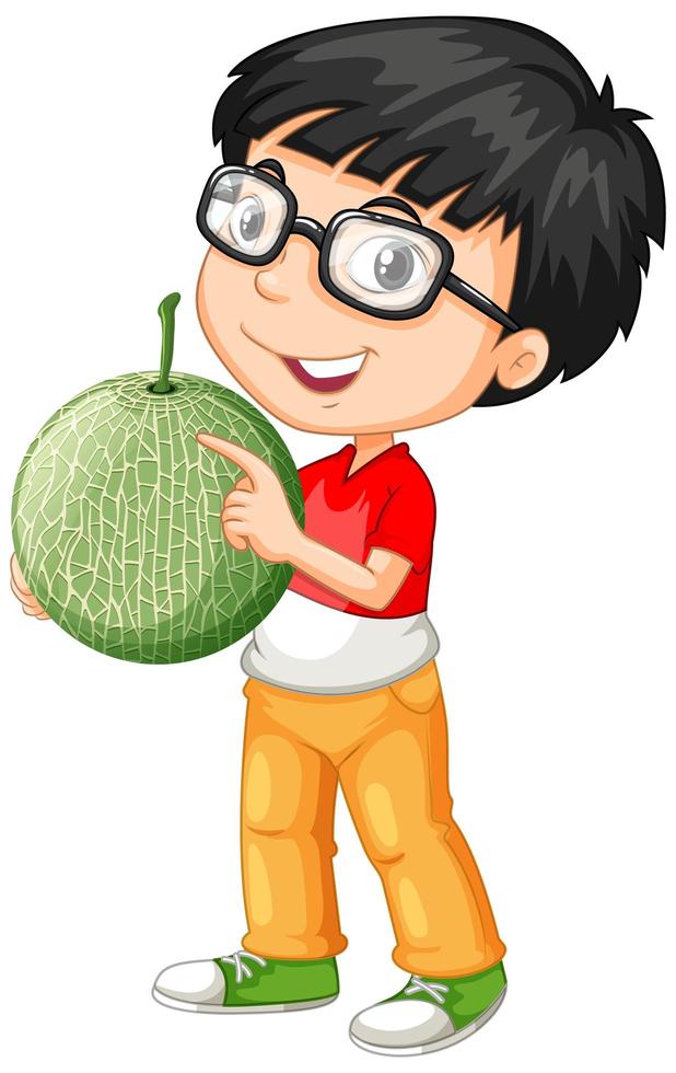 Chico nerd sosteniendo melón en posición de pie vector