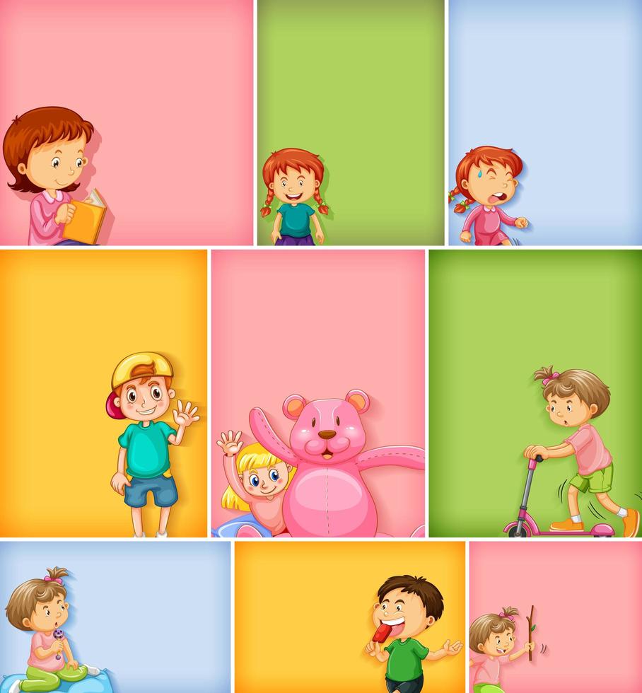 Set of kids characters on different color background vector