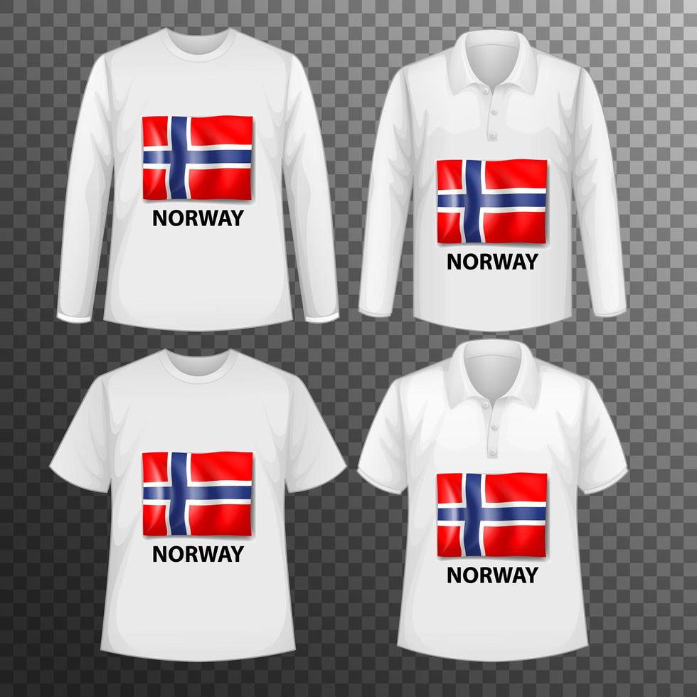 Conjunto de diferentes camisetas masculinas con bandera de Noruega. vector