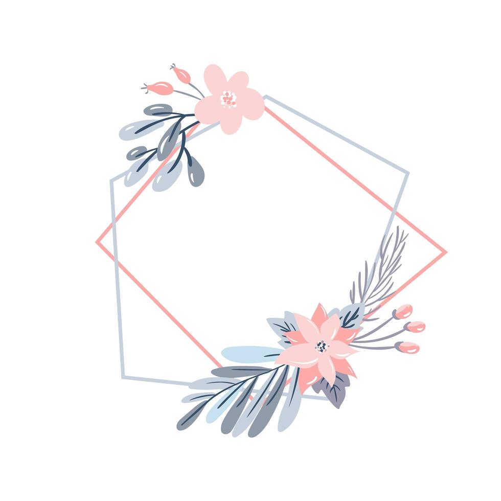 Geometric polygon frame with pastel flowers vector