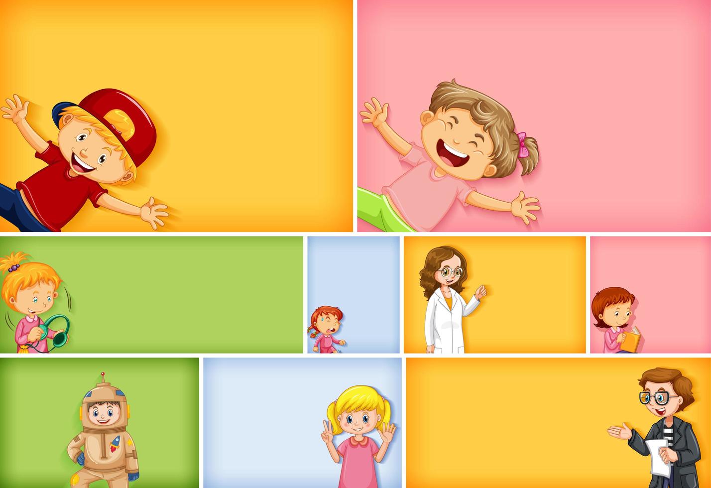 Set of kids characters on different color background vector