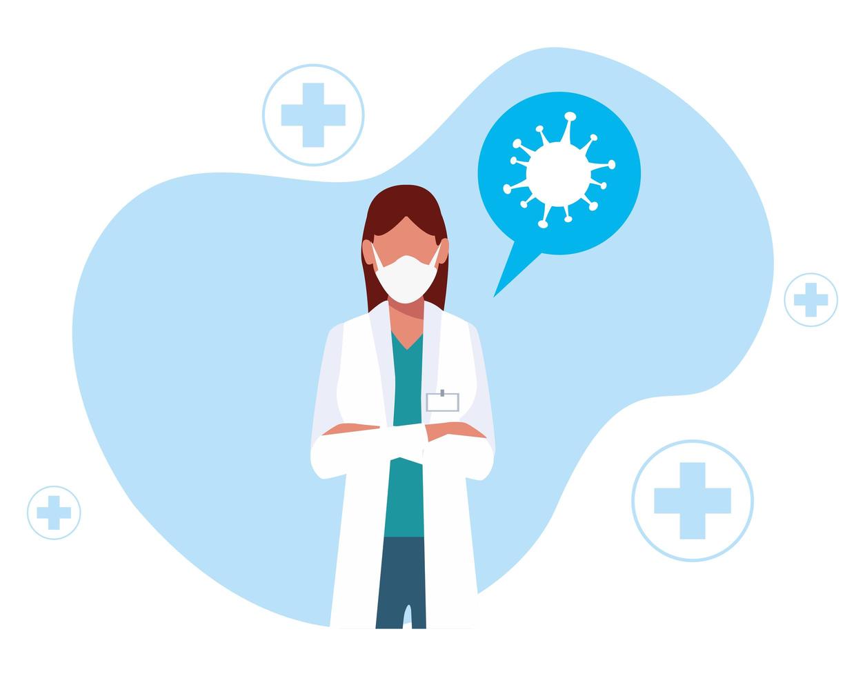 Female doctor wearing medical mask with covid19 particles vector