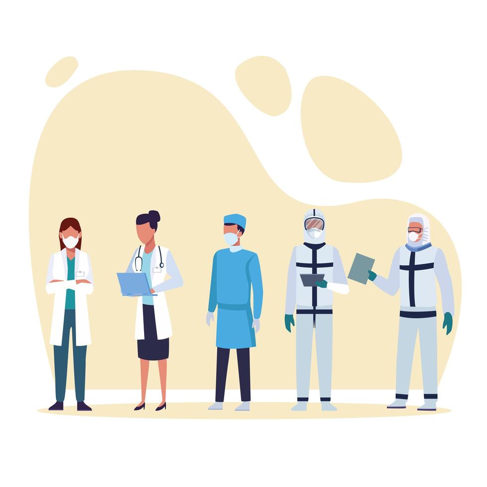 Doctors wearing medical masks and protective suits vector