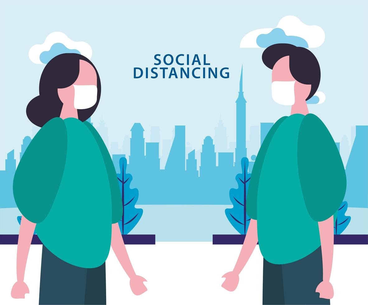 cartel de distanciamiento social con personas enmascaradas al aire libre vector