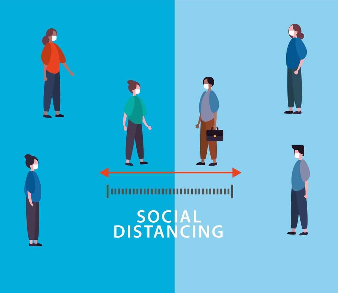 personas que usan máscaras faciales mientras se distancian socialmente de covid19 vector