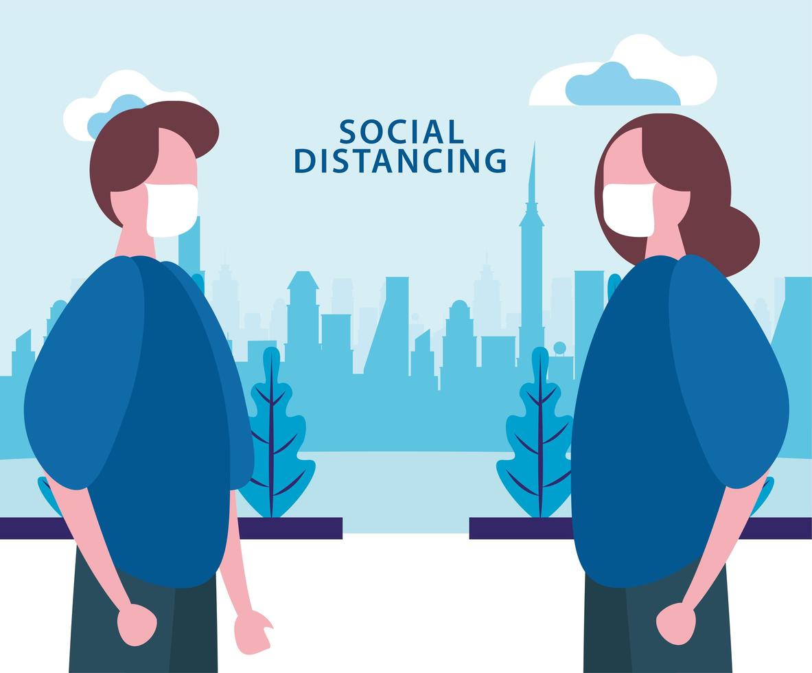 Couple using face masks while social distancing from covid19 vector