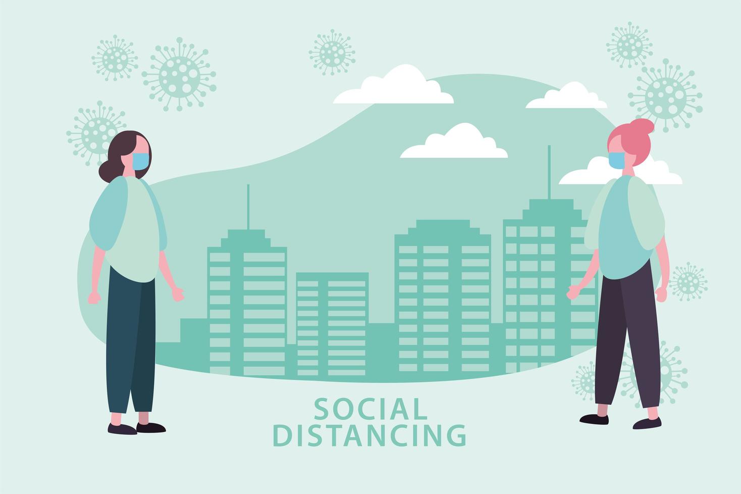 Social distancing poster with masked women and cells outdoors vector