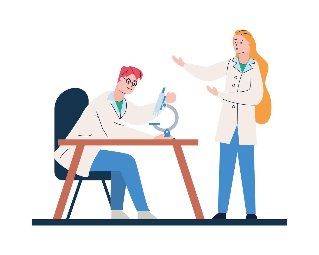 Young doctor couple with microscope vector