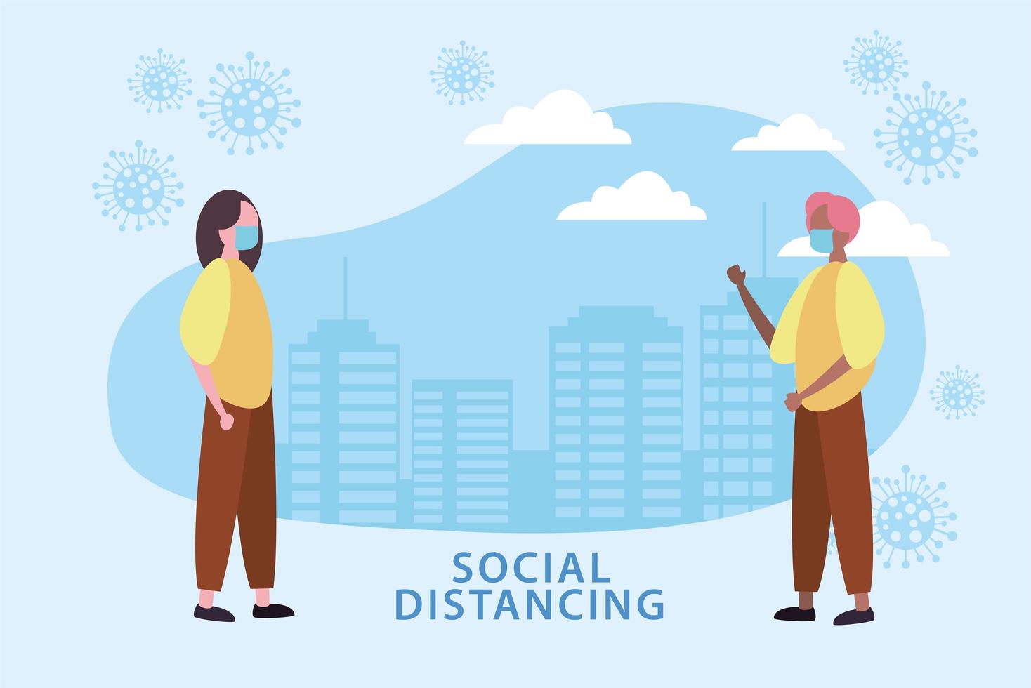 Social distancing poster with masked people and cells outdoors vector