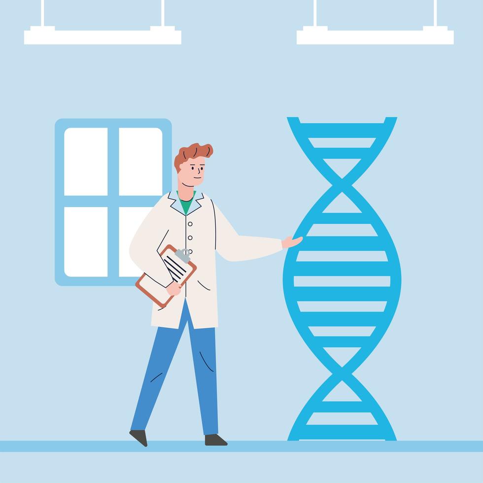 Male scientist with dna molecule vector