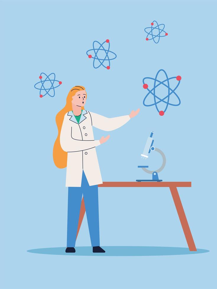 Female scientist with microscope and atoms vector