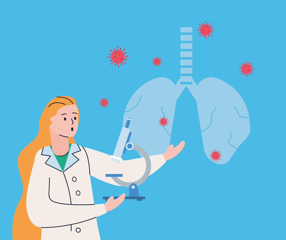 Female scientist with lungs and covid19 particles vector