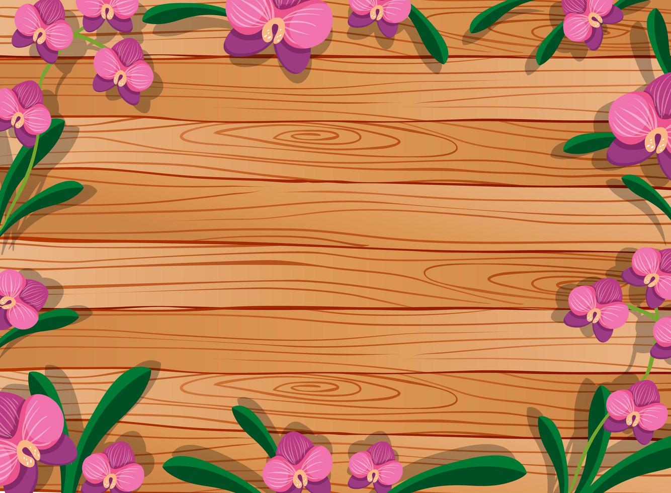 mesa de madera en blanco con hojas y orquídeas rosadas vector