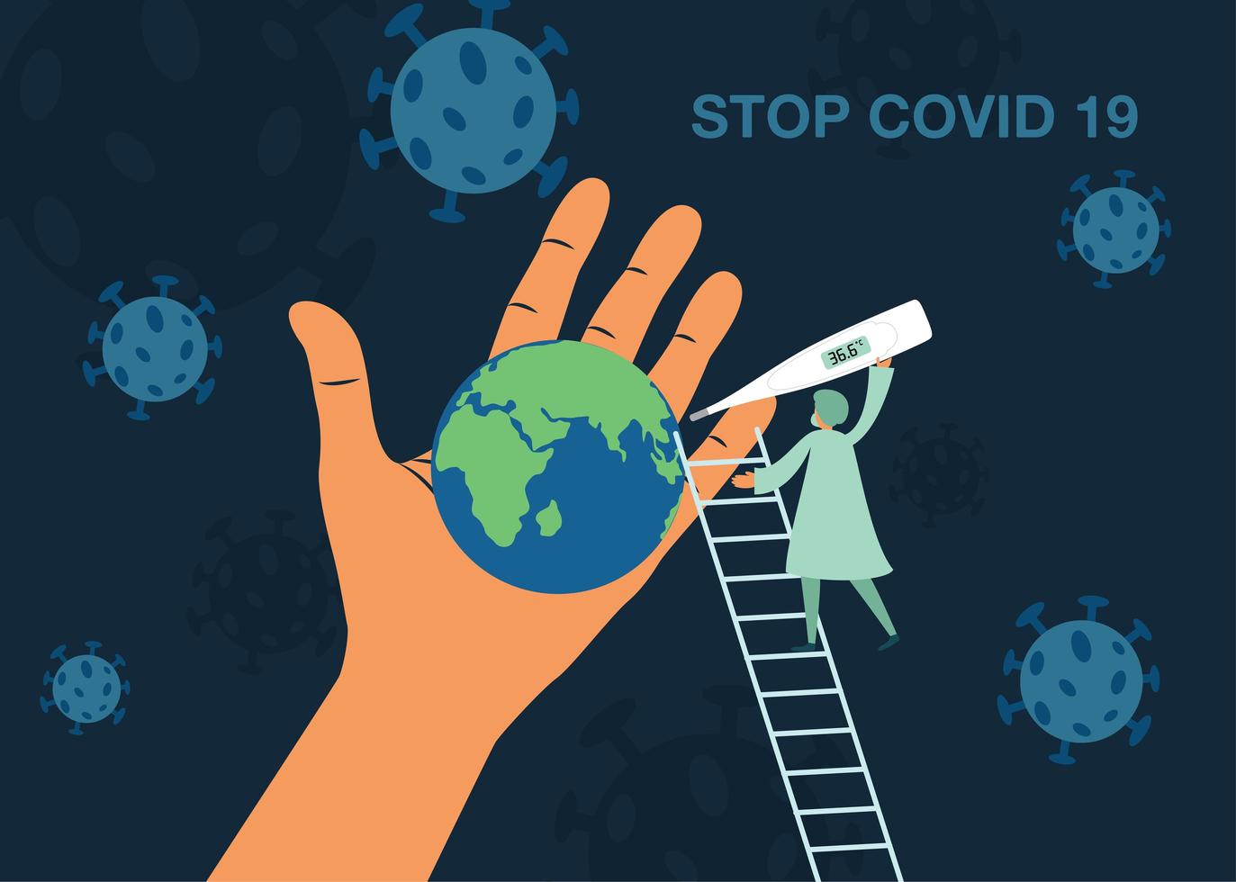 Doctor taking world temperature to stop coronavirus poster vector