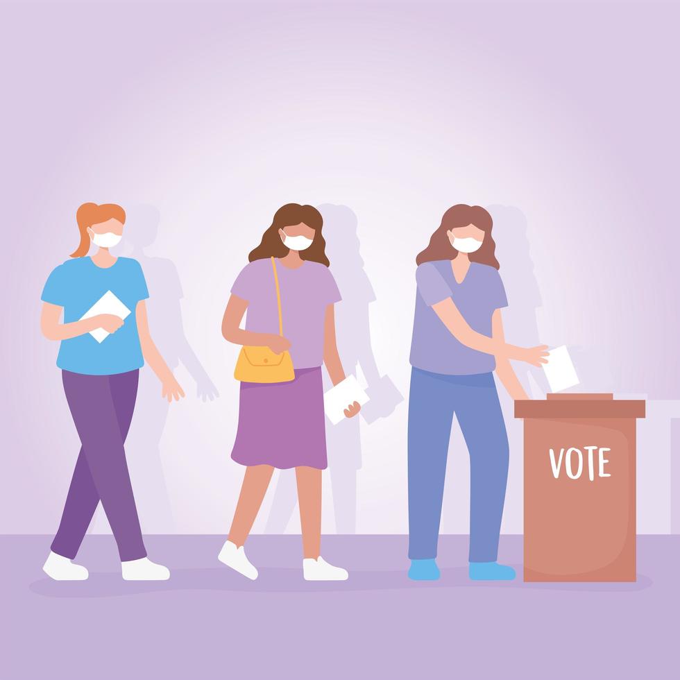 Women with masks standing in line to vote vector