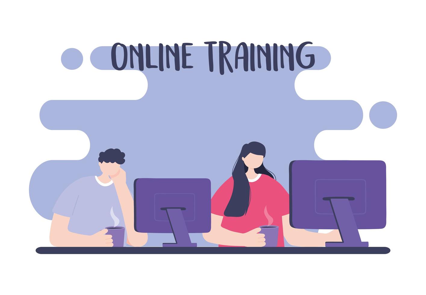 Online training, students using computer with coffee cups vector