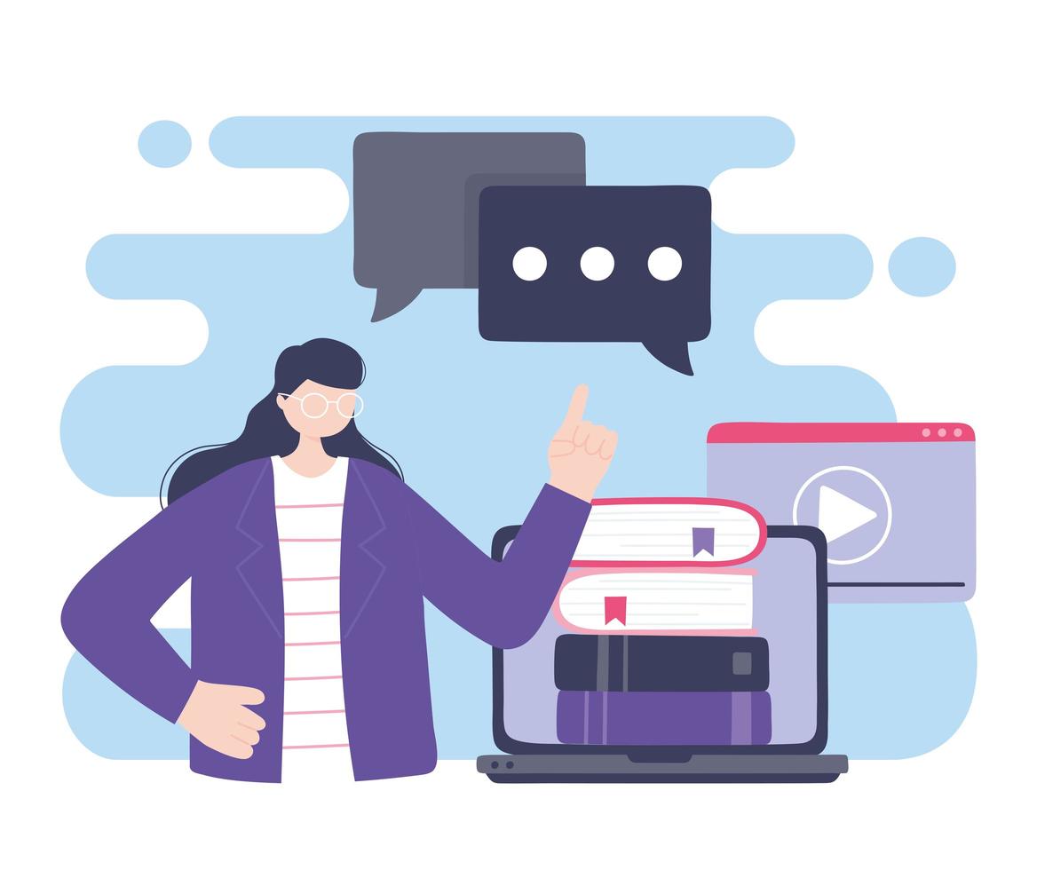 Online training, chatting woman using laptop with books vector