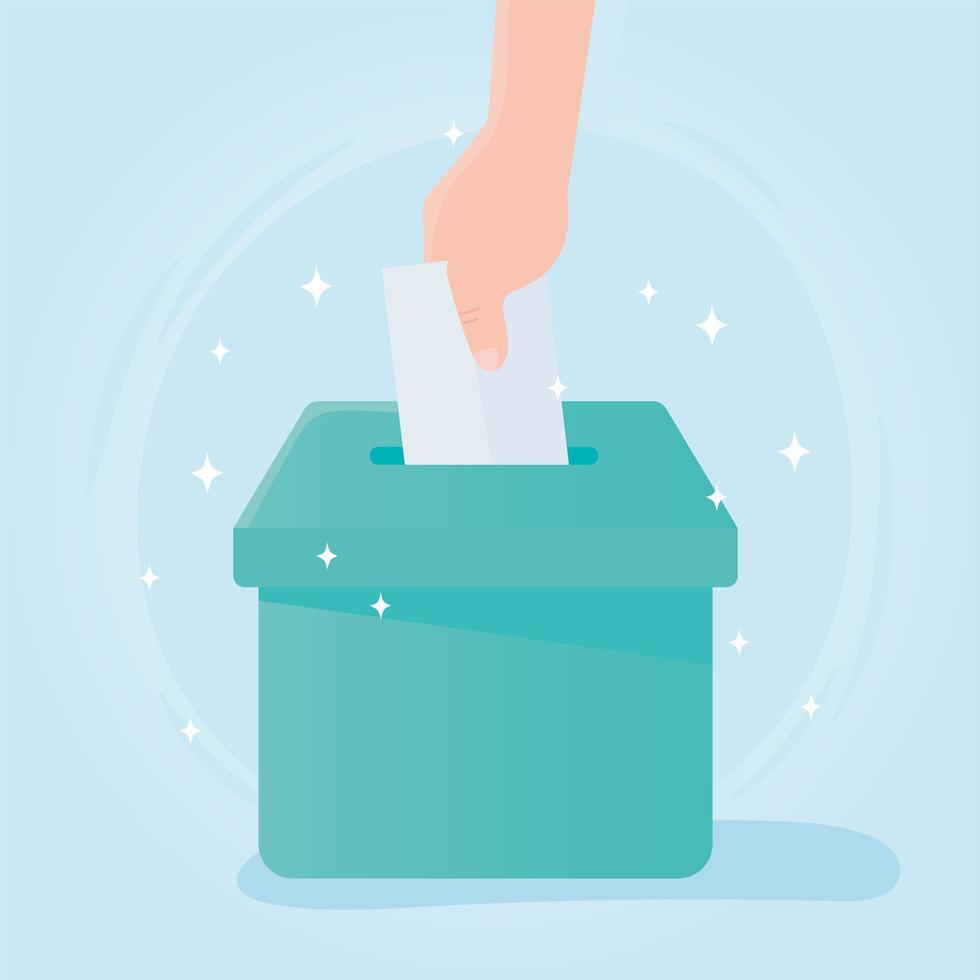 mano poniendo papel voto en caja vector