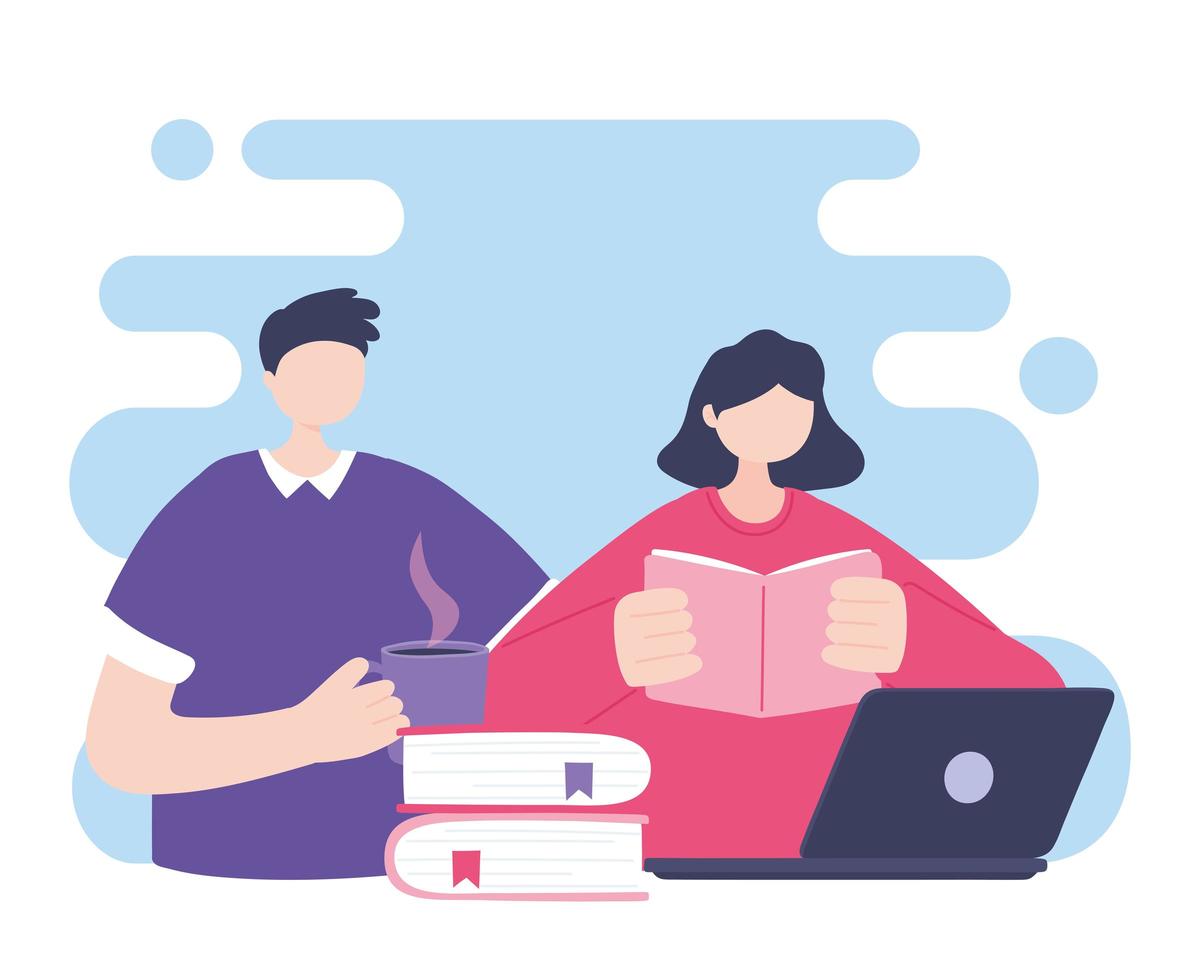 Online training, man and woman reading book and laptop vector