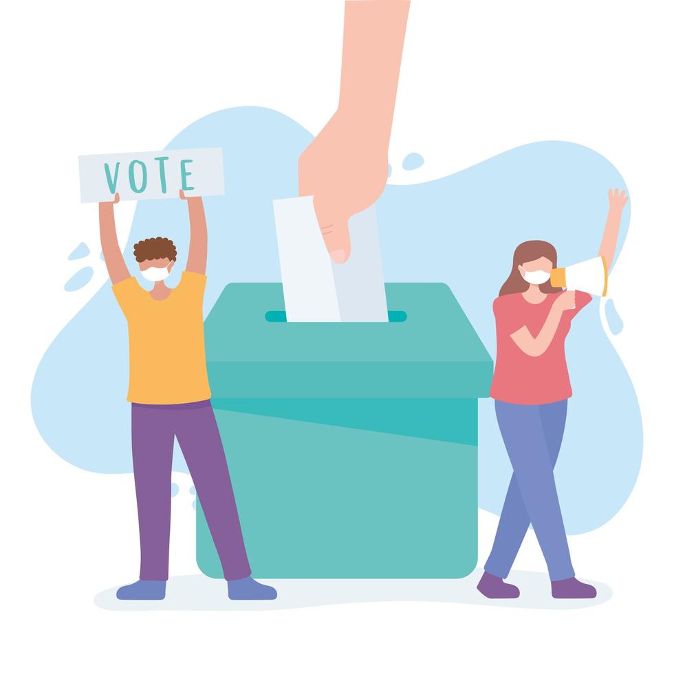 personajes votando y poniendo la mano en la urna vector