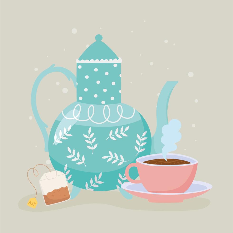 Tea kettle and teabag hot beverage design vector