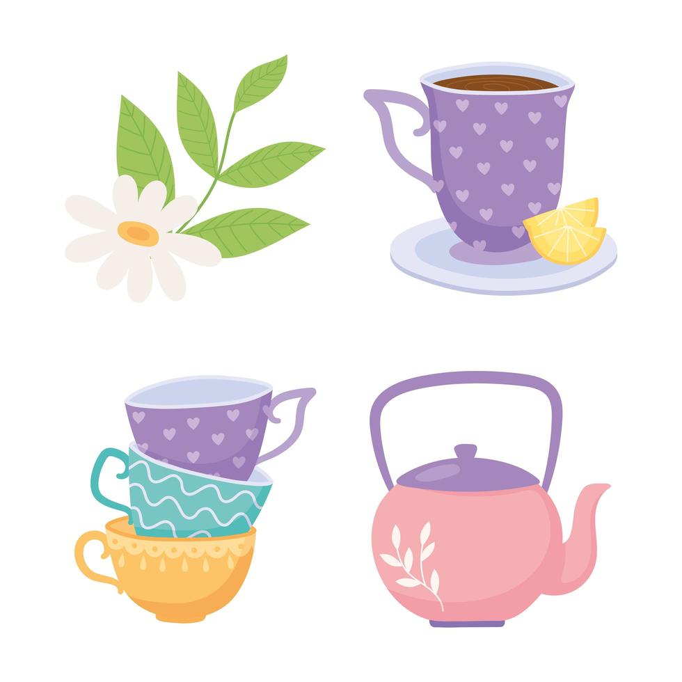 Teacups, teapot, lemon flower herbal beverage set vector