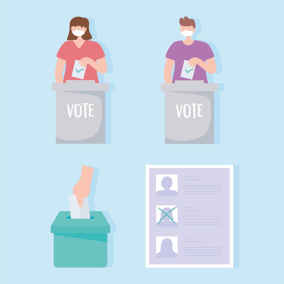 Masked people voting, candidate list, and box with vote vector