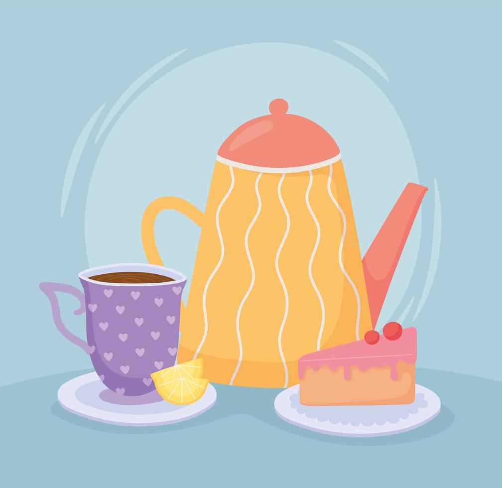 té, taza de té, tetera, limón y rebanada de pastel vector