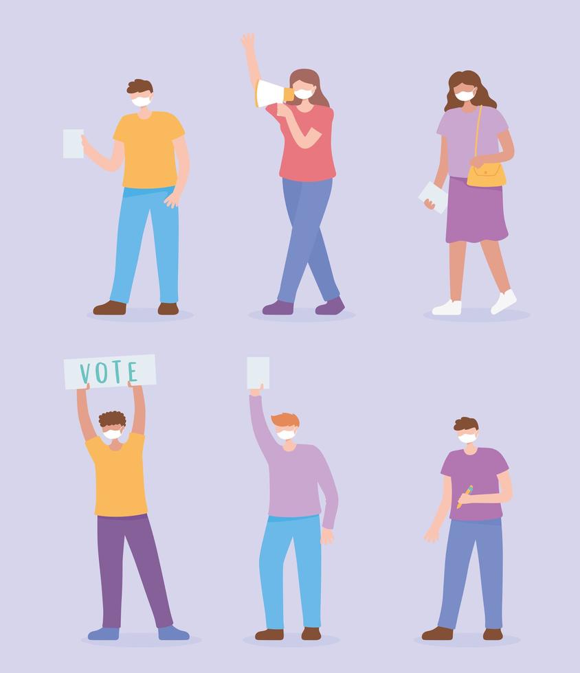 Voting people with masks, megaphone and ballots vector