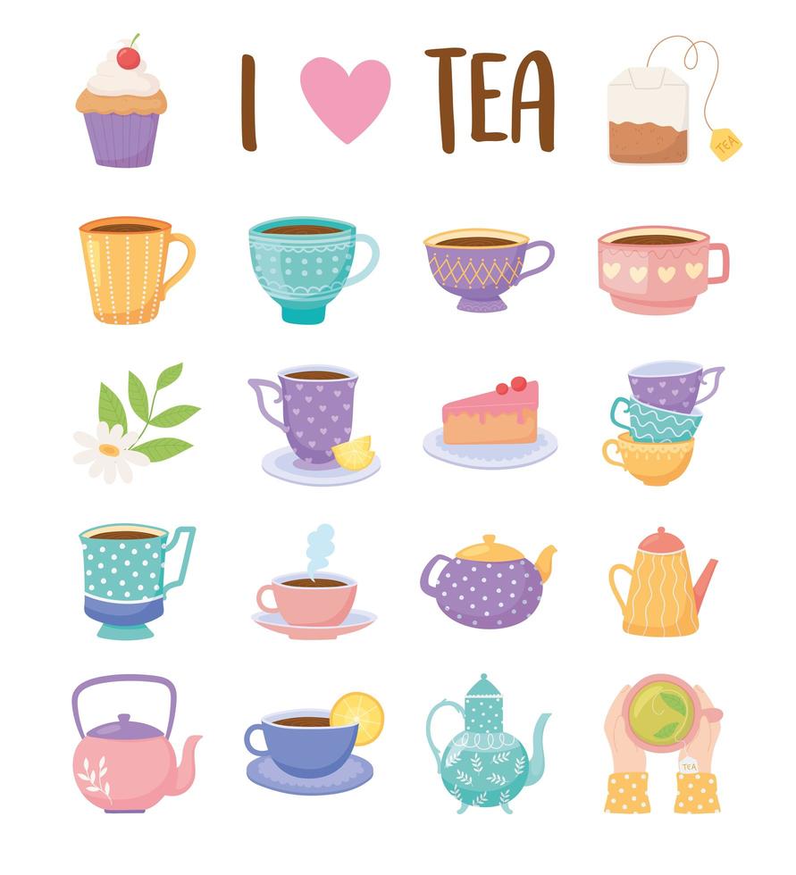 Cartoon style tea time icons set vector