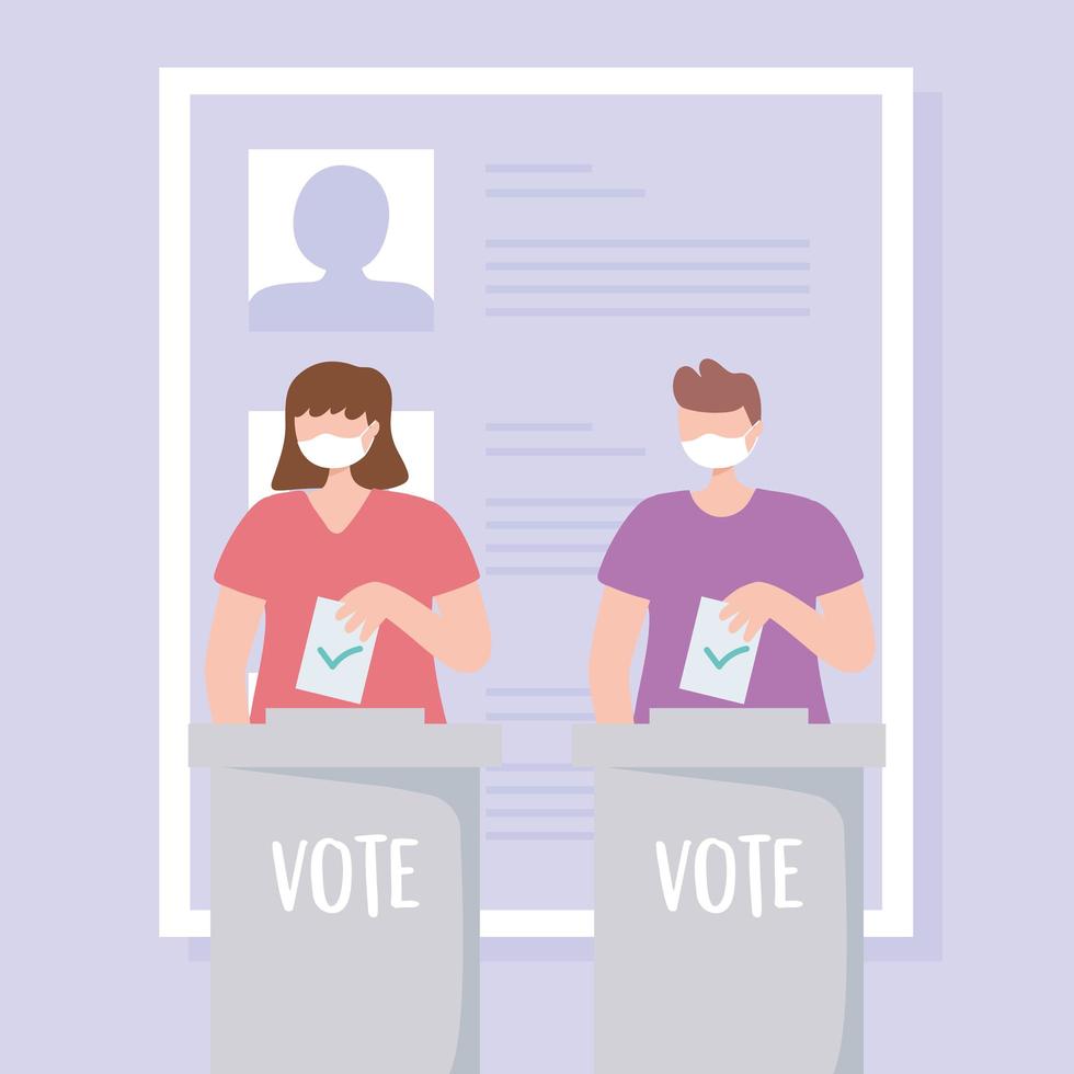 People with medical masks putting ballot in boxes vector