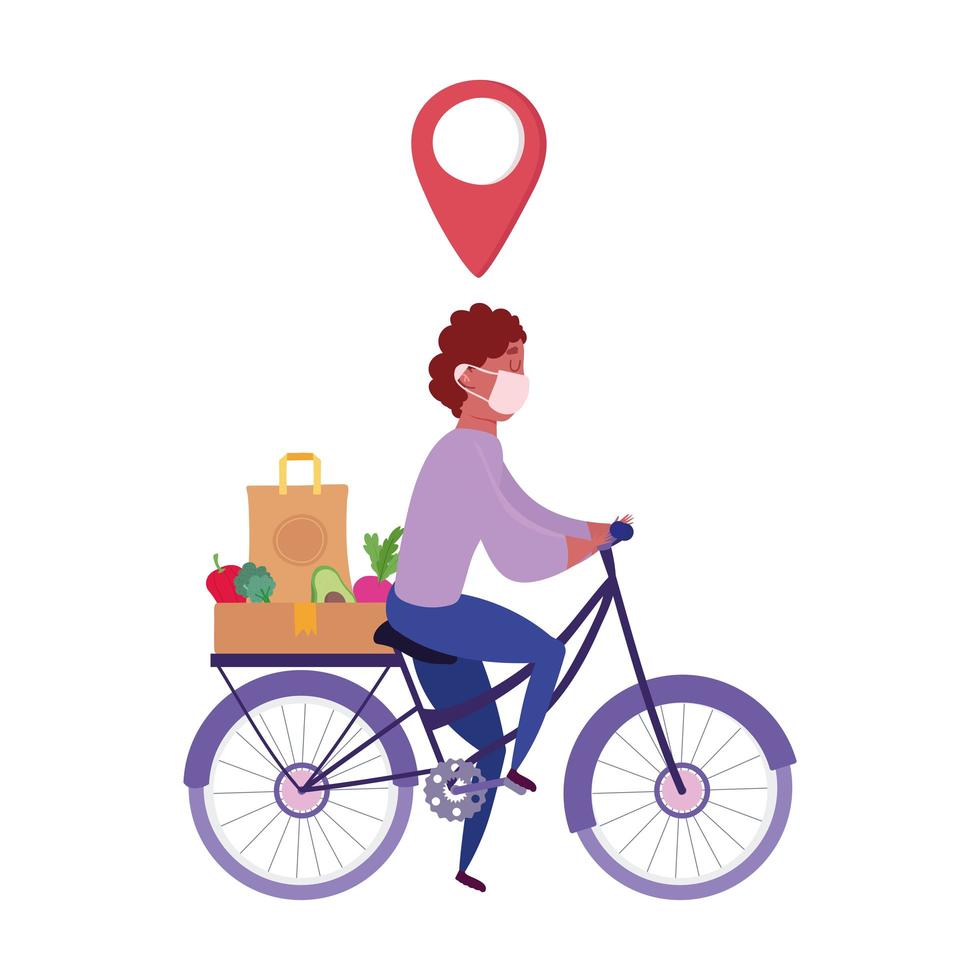 Courier with mask and food order riding bicycle vector