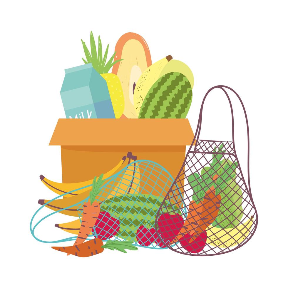 Cardboard box, eco friendly bag with fresh fruits vegetables vector