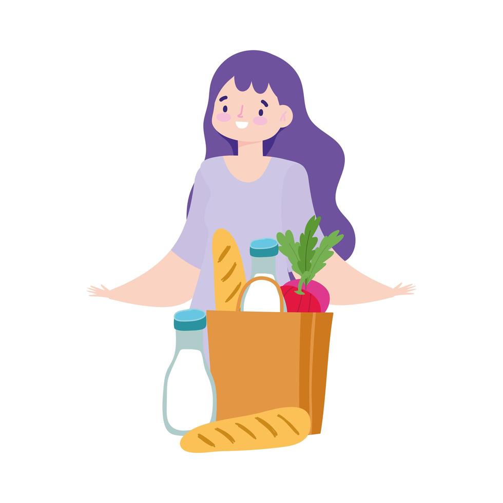 Customer woman with grocery bag vector