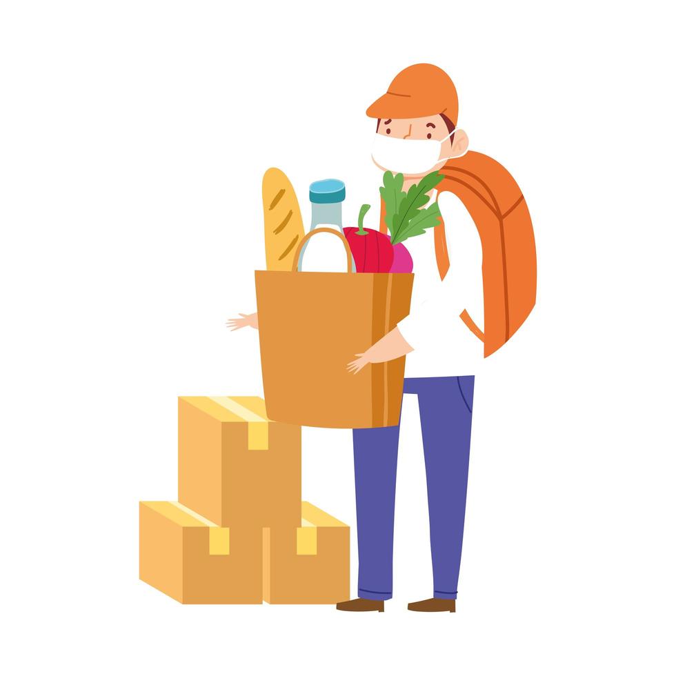 Masked worker with cardboard boxes and grocery bag vector